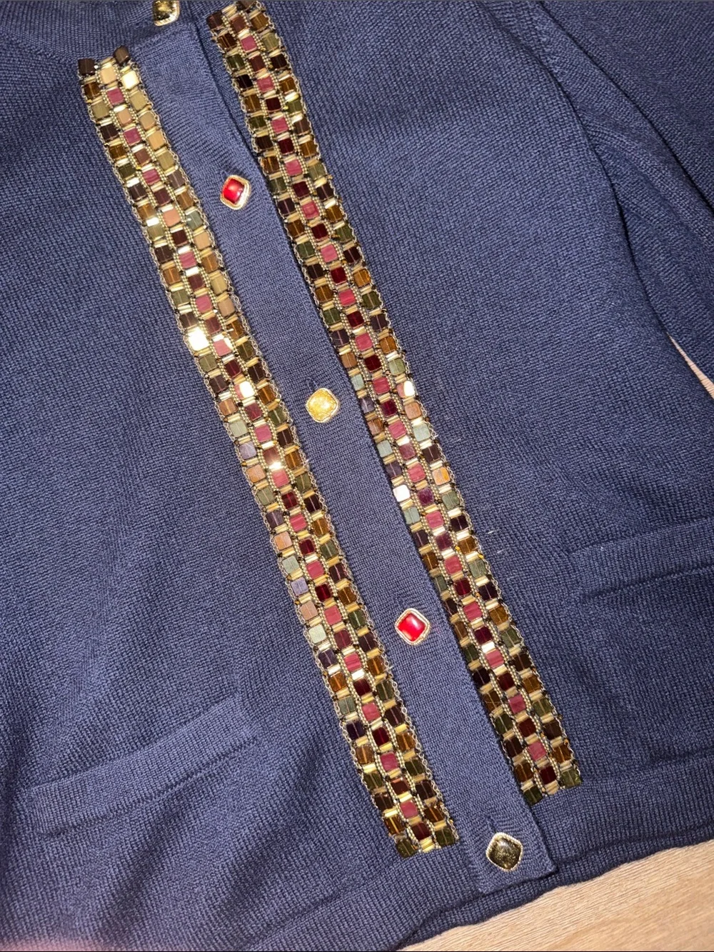 CHANEL Navy Knit Jacket with Gold Beaded Trim